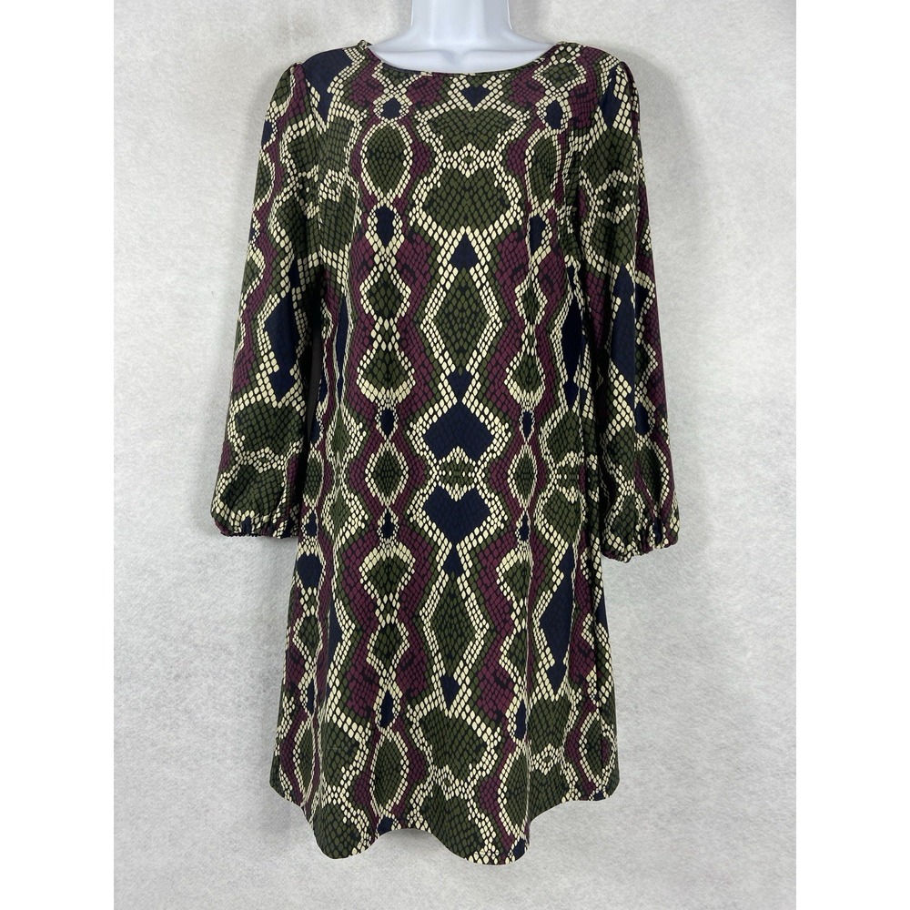 Jude Connally Dress Womens Small Green Burgundy‎ Shift Long Sleeve Snake Print